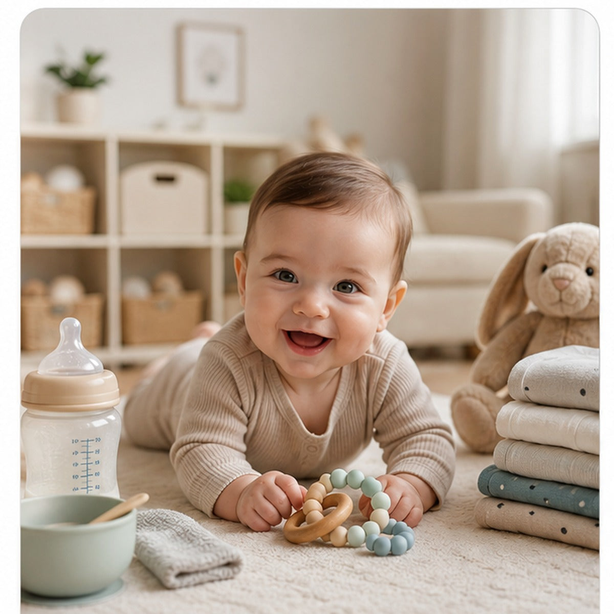 Smiling baby surrounded by feeding, play, clothing, and everyday baby essentials.