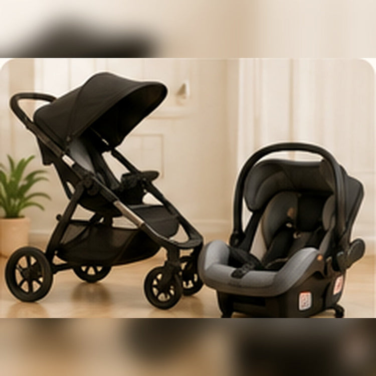 Modern stroller and infant car seat displayed together as baby travel gear.