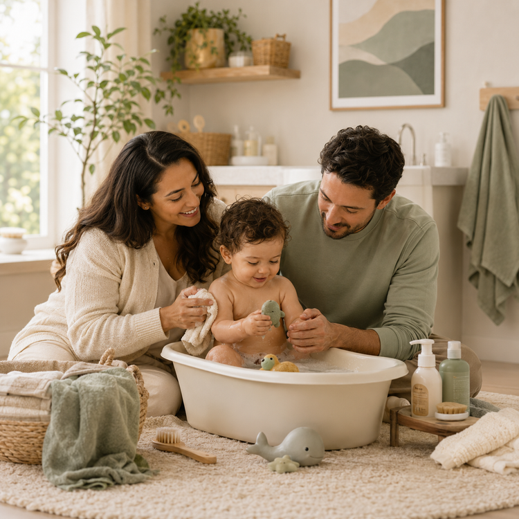 Parents bathing a young child with baby bath and skincare essentials.