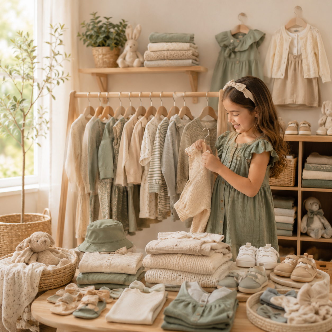 Young child shopping among neutral baby and children's clothing and accessories.