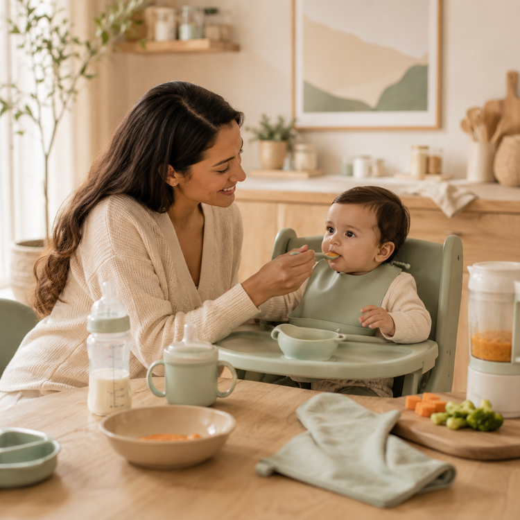 Parent feeding a baby in a warm family kitchen with baby feeding essentials.