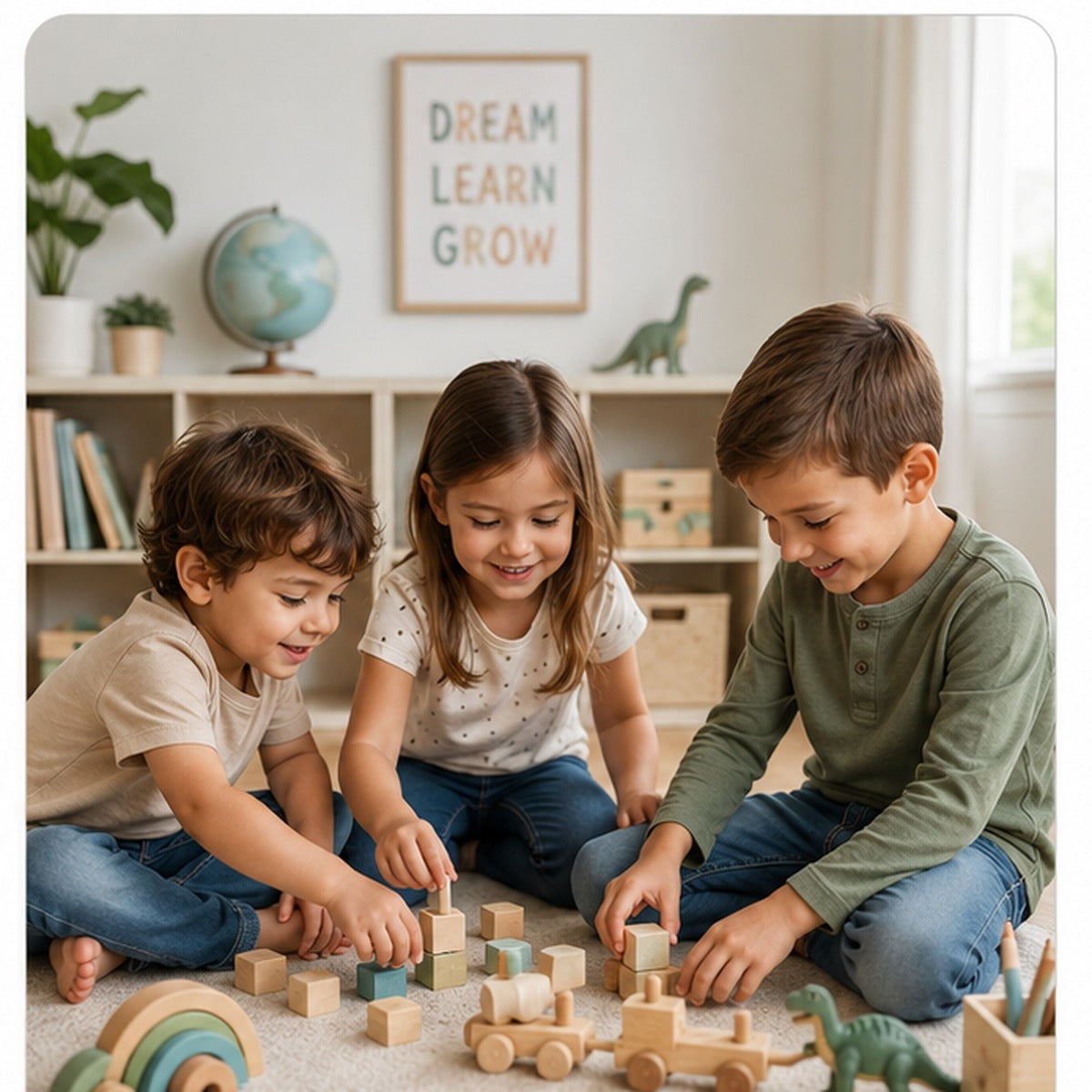 Children ages four through seven playing with educational wooden toys in a bright playroom.