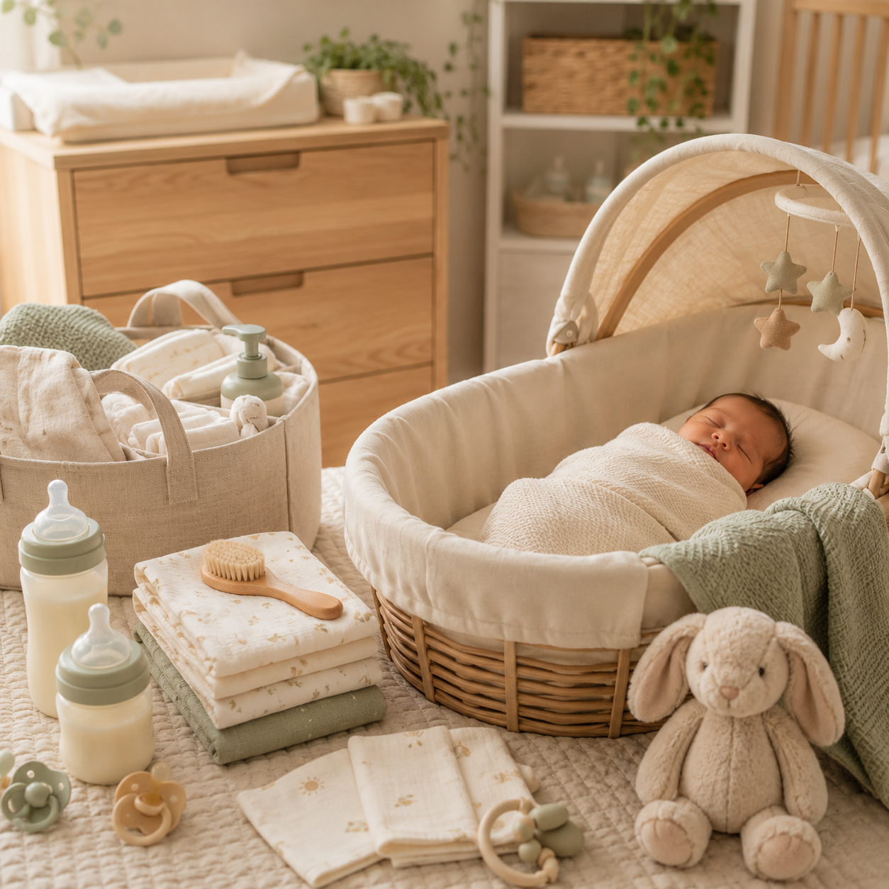 Newborn essentials arranged in a warm neutral nursery setting.