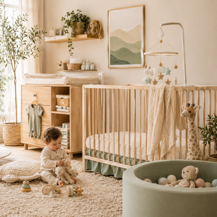 Warm neutral nursery with crib, storage, toys, and nursery essentials.