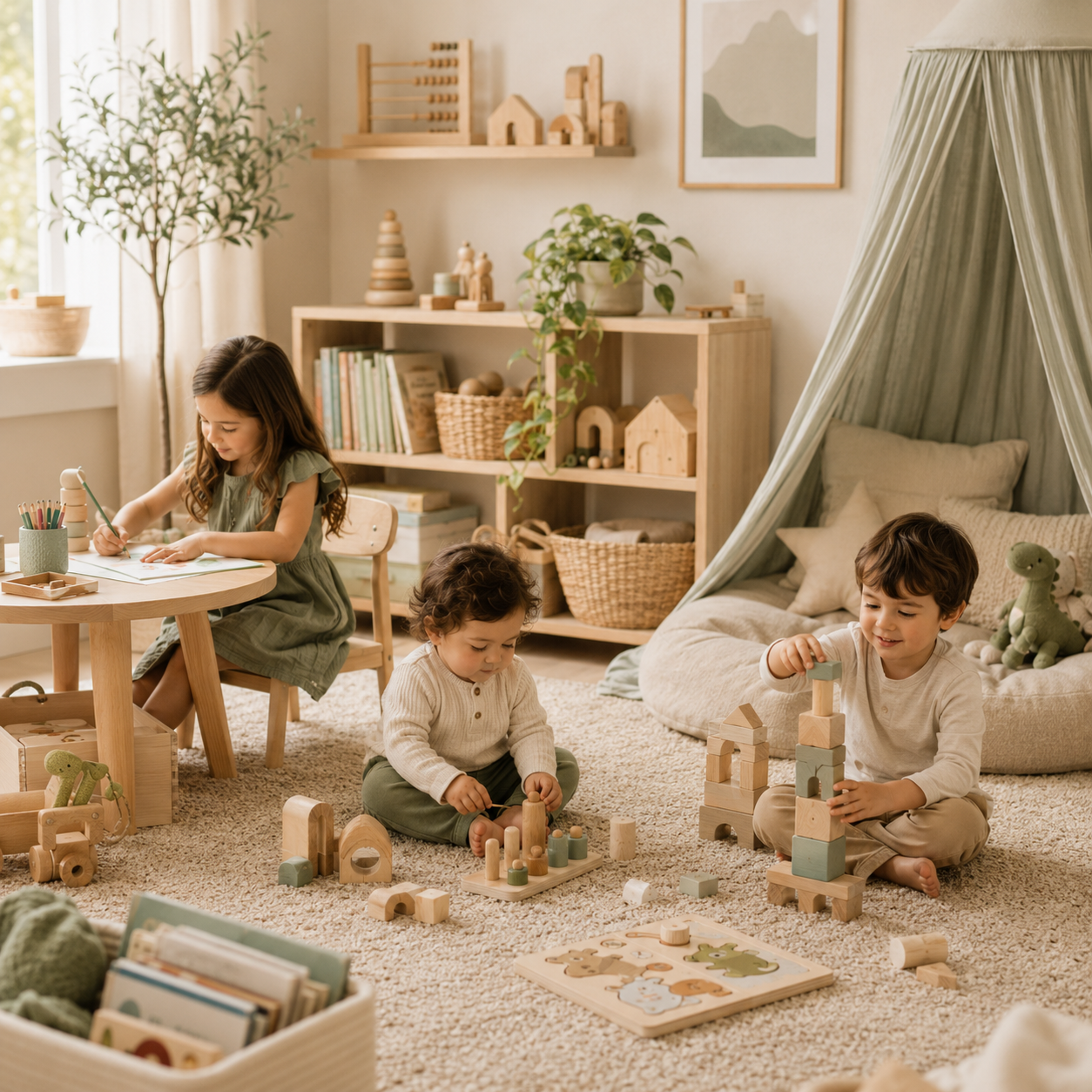 Children of different early-childhood ages playing with educational wooden toys.