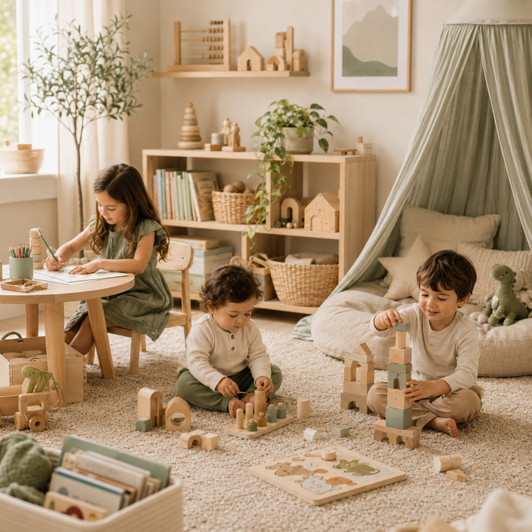 Children of different early-childhood ages playing with educational wooden toys.