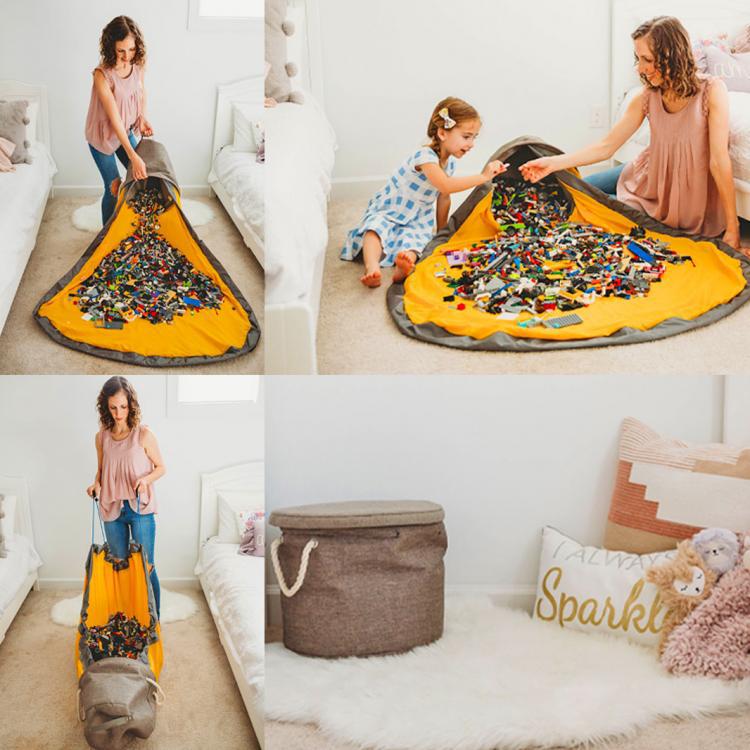Play mat toy storage sack open on floor