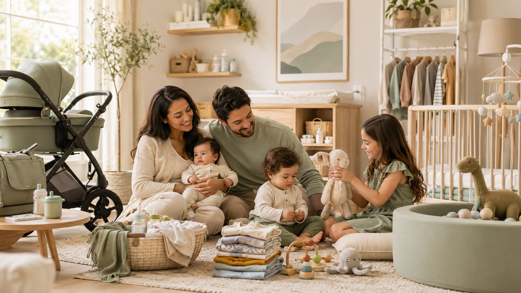 Family with a newborn, toddler, and young child at home surrounded by Babylander baby essentials, with a stroller nearby.