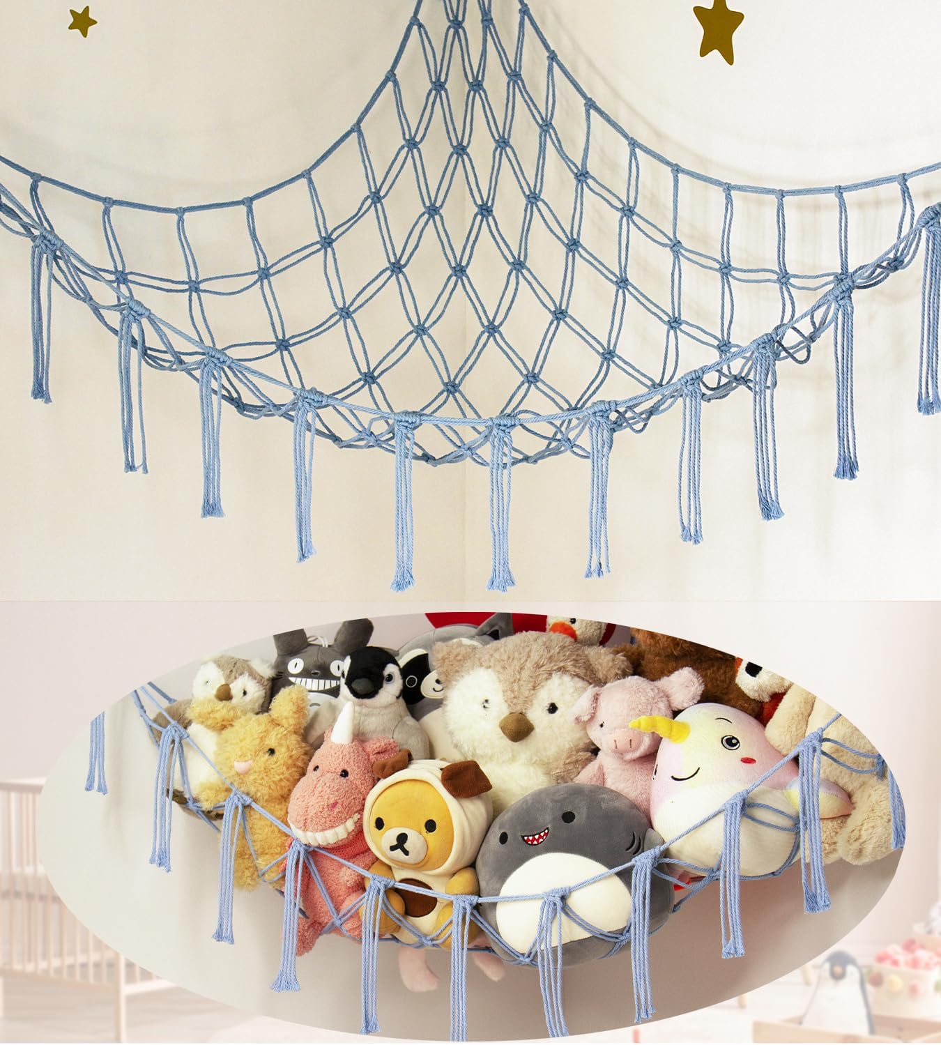 Macrame toy hammock holding soft toys in corner
